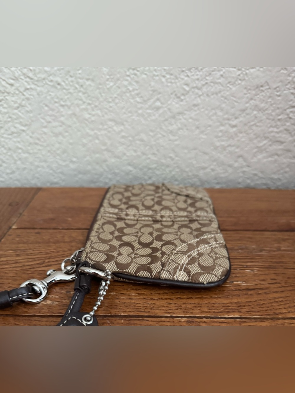 Coach Signature Wristlet Brown Canvas Leather Trim Y2K Mini Pouch Purse Jacquard - Picture 3 of 7